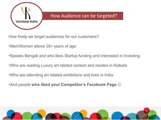 How finely we target audiences for our customers?
•Men/Women above 35+ years of age
•Speaks Bengali and who likes Startup funding and interested in Investing
•Who are reading Luxury art related content and resides in Kolkata
•Who are attending art related exhibitions and lives in India
•And people who liked your Competitor’s Facebook Page 
 