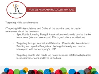 Targeting HNIs possible ways :
•Targeting NRI Associations and Clubs all the world around to create
awareness about the business
• Specifically, focusing Bengali Associations world-wide can be the ke
to success (We can see around 25+ organizations world-wide)
• Targeting through Interest and Behavior : People who likes Art and
Painting and speaks Bengali can be targeted easily and can be
interrupted with our company’s USP
• Targeting people who reads top notch business related websites like
businessinsider.com and lives in Kolkata
 