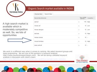 A high search market is
available which is
moderately competitive
as well. So, we lots of
opportunities
We work in a different way when it comes to ranking. We select keyword groups and
keep progressing. We are one of the pioneers in keyword analysis
http://www.keywordresearchteam.com/. We will be doing a detailed keyword
analysis in discussion with client's team.
http://www.techshu.com/services/seo/seo-audit/how-google-ranks-websites
 