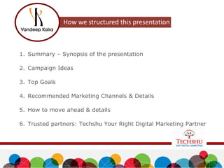 1. Summary – Synopsis of the presentation
2. Campaign Ideas
3. Top Goals
4. Recommended Marketing Channels & Details
5. How to move ahead & details
6. Trusted partners: Techshu Your Right Digital Marketing Partner
 