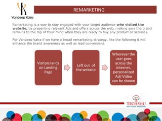 REMARKETING
Remarketing is a way to stay engaged with your target audience who visited the
website, by presenting relevant Ads and offers across the web, making sure the brand
remains to the top of their mind when they are ready to buy any product or services.
For Vandeep kalra if we have a broad remarketing strategy, like the following it will
enhance the brand awareness as well as lead conversions.
 