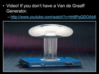 • Video! If you don’t have a Van de Graaff
Generator.
– http://www.youtube.com/watch?v=hh8PqQDOAb8
 