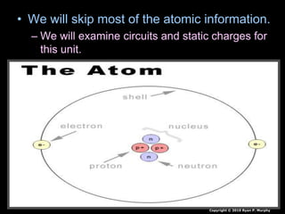 • We will skip most of the atomic information.
– We will examine circuits and static charges for
this unit.
Copyright © 2010 Ryan P. Murphy
 