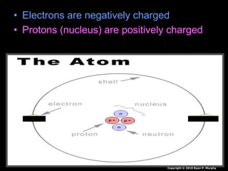 • Electrons are negatively charged
• Protons (nucleus) are positively charged
Copyright © 2010 Ryan P. Murphy
 