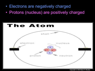 • Electrons are negatively charged
• Protons (nucleus) are positively charged
Copyright © 2010 Ryan P. Murphy
 
