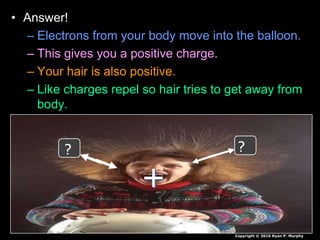 • Answer!
– Electrons from your body move into the balloon.
– This gives you a positive charge.
– Your hair is also positive.
– Like charges repel so hair tries to get away from
body.
Copyright © 2010 Ryan P. Murphy
+
+
+? ?
 