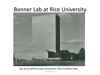 Bonner Lab at Rice University




  Van de Graaff Generator-Accelerator 1953, 6 Million Volts
                          Paul Schumann                       6
 