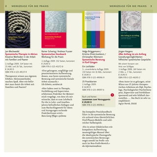 2      werkzeuge für die praxis                                                                            werkzeuge für die praxis                    3




Jan Bleckwedel                    Rainer Schwing / Andreas Fryszer          Helga Brüggemann /                       Jürgen Hargens
Systemische Therapie in Aktion    Systemisches Handwerk                     Kristina Ehret-Ivankovic /               Aller Anfang ist ein Anfang
Kreative Methoden in der Arbeit   Werkzeug für die Praxis                   Christopher Klütmann                     Gestaltungsmöglichkeiten
mit Familien und Paaren                                                     Systemische Beratung                     hilfreicher systemischer Gespräche
                                  3. Auflage 2009. 352 Seiten, kartoniert
                                                                            in fünf Gängen
2. Auflage 2009. 314 Seiten mit   € 29,90 D                                                                          Mit einem Vorwort von
25 Abb. und 26 Tab., kartoniert   ISBN 978-3-525-45372-8                    Ein Leitfaden                            Arist von Schlippe.
€ 24,90 D                                                                   3., unveränderte Auflage 2009.           3. Auflage 2008. 160 Seiten mit
                                  »Eine gelungene, sorgfältige und
ISBN 978-3-525-49137-9                                                      150 Seiten mit 16 Abb., kartoniert       2 Abb. u. 3 Tab., kartoniert
                                  praxisorientierte Aufbereitung
                                                                            € 19,90 D                                € 19,90 D
Therapeuten wissen aus eigenem    dessen, was heute systemische
                                                                            ISBN 978-3-525-49096-9                   ISBN 978-3-525-46195-2
Erleben: Aktionsmethoden          Beratung und systemische Soziale
machen Spaß. Aber wie beför­      Arbeit ausmacht.«                         25 Praxiskarten                          »Dem Autor ist es gelungen, seine
dert man damit die Arbeit mit     Lilo Schmitz, socialnet.de                2. Auflage 2009.                         Bilanz aus 25 Jahren therapeu­
Familien und Paaren?                                                        € 16,90 D                                tischen Arbeitens als Dipl. Psycho­
                                  »Hier haben zwei in Therapie,
                                                                            ISBN 978-3-525-49097-6                   loge, Psychologischer Psychothera­
                                  Fortbildung und Supervision
                                                                                                                     peut, Supervisor und Fortbildner
                                  erfahrenen Praktiker ihr Meister­                                              !   spannend und sehr bildhaft dar­
                                  stück vorgelegt, von dem ich mir          Buch und Karten
                                                                                                                     zustellen. … Das Buch ist sehr zu
                                  wünsche, dass es zum Lehrbuch             zusammen zum Vorzugspreis
                                                                                                                     empfehlen!«
                                  für die in Lehr­ und Gesellen­            € 29,90 D
                                                                                                                     Ingryt Patrok, ID:EAS
                                  jahren befindlichen Kollegen und          ISBN 978-3-525-49098-3
                                  zum nachschlagewerk für Ideen
                                  und Anregungen suchende
                                                                            Das kompakte Praxishandbuch
                                  PraktikerInnen wird.«
                                                                            führt in die systemische Beratung
                                  Hans-Georg Pflüger, systhema
                                                                            ein anhand eines übersichtlichen
                                                                            Fünf­Phasen­Modells und zahl­
                                                                            reicher Fallbeispiele.
                                                                            »Ein in seiner didaktischen wie
                                                                            kompakten Aufbereitung
                                                                            mustergültiges Manual über
                                                                            die idealtypische Choreografie
                                                                            des systemischen Beratungs­
                                                                            weges sowohl im Profit­ wie
                                                                            auch im non­Profit­Bereich.«
                                                                            ekz-Informationsdienst
 
