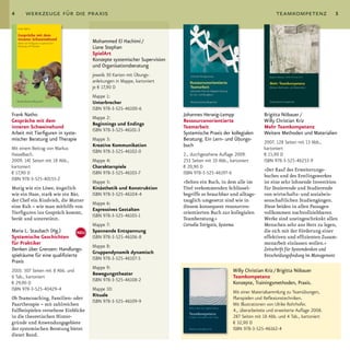 4      werkzeuge für die praxis                                                                                           teamkompetenz              5



                                       Mohammed El Hachimi /
                                       Liane Stephan
                                       SpielArt
                                       Konzepte systemischer Supervision
                                       und Organisationsberatung
                                       jeweils 30 Karten mit Übungs-
                                       anleitungen in Mappe, kartoniert
                                       je € 17,90 D
                                       Mappe 1:
                                       Unterbrecher
                                       ISBN 978-3-525-46100-6
Frank Natho                                                                Johannes Herwig-Lempp                    Brigitta Nöbauer /
                                       Mappe 2:
Gespräche mit dem                                                          Ressourcenorientierte                    Willy Christian Kriz
                                       Beginnings und Endings
inneren Schweinehund                                                       Teamarbeit                               Mehr Teamkompetenz
                                       ISBN 978-3-525-46101-3
Arbeit mit Tierfiguren in syste-                                           Systemische Praxis der kollegialen       Weitere Methoden und Materialien
mischer Beratung und Therapie          Mappe 3:                            Beratung. Ein Lern- und Übungs-
                                                                                                                    2007. 128 Seiten mit 13 Abb.,
                                       Kreative Kommunikation              buch
Mit einem Beitrag von Markus                                                                                        kartoniert
                                       ISBN 978-3-525-46102-0
Hasselbach.                                                                2., durchgesehene Auflage 2009.          € 15,90 D
2009. 141 Seiten mit 18 Abb.,          Mappe 4:                            253 Seiten mit 10 Abb., kartoniert       ISBN 978-3-525-46253-9
kartoniert                             Charakterspiele                     € 20,90 D
                                                                                                                    »Der Kauf des Erweiterungs­
€ 17,90 D                              ISBN 978-3-525-46103-7              ISBN 978-3-525-46197-6
                                                                                                                    buches und des Erstlingswerkes
ISBN 978-3-525-40155-2
                                       Mappe 5:                            »Selten ein Buch, in dem alle im         ist eine sehr lohnende Investition
Mutig wie ein Löwe, ängstlich          Kinästhetik und Konstruktion        Titel vorkommenden Schlüssel­            für Dozierende und Studierende
wie ein Hase, stark wie ein Bär,       ISBN 978-3-525-46104-4              begriffe so brauchbar und alltags­       von wirtschafts­ und sozialwis­
der Chef ein Rindvieh, die Mutter                                          tauglich umgesetzt sind wie in           senschaftlichen Studiengängen.
                                       Mappe 6:
eine Kuh – wie man mithilfe von                                            diesem konsequent ressourcen­            Diese beiden in allen Passagen
                                       Expressives Gestalten
Tierfiguren ins Gespräch kommt,                                            orientierten Buch zur kollegialen        vollkommen nachvollziehbaren
                                       ISBN 978-3-525-46105-1
berät und unterstützt.                                                     Teamberatung.«                           Werke sind uneingeschränkt allen
                                       Mappe 7:                            Cornelia Tsirigotis, Systema             Menschen sehr ans Herz zu legen,
Maria L. Staubach (Hg.)          NEU   Spannende Entspannung                                                        die sich mit der Förderung einer
Systemische Geschichten                ISBN 978-3-525-46106-8                                                       effektiven und effizienten Zusam­
für Praktiker                                                                                                       menarbeit einlassen wollen.«
                                       Mappe 8:
Denken über Grenzen: Handlungs-                                                                                     Zeitschrift für Systemdenken und
                                       Gruppendynamik dynamisch
spielräume für eine qualifizierte                                                                                   Entscheidungsfindung im Management
                                       ISBN 978-3-525-46107-5
Praxis
                                       Mappe 9:
2010. 307 Seiten mit 8 Abb. und                                                                     Willy Christian Kriz / Brigitta Nöbauer
                                       Bewegungstheater
6 Tab., kartoniert                                                                                  Teamkompetenz
                                       ISBN 978-3-525-46108-2
€ 29,90 D                                                                                           Konzepte, Trainingsmethoden, Praxis.
ISBN 978-3-525-40429-4                 Mappe 10:
                                                                                                    Mit einer Materialsammlung zu Teamübungen,
                                       Rituale
ob Teamcoaching, Familien­ oder                                                                     Planspielen und Reflexionstechniken.
                                       ISBN 978-3-525-46109-9
Paartherapie – mit zahlreichen                                                                      Mit Illustrationen von Ulrike Rohrhofer.
Fallbeispielen versehene Einblicke                                                                  4., überarbeitete und erweiterte Auflage 2008.
in die theoretischen Hinter­                                                                        287 Seiten mit 18 Abb. und 4 Tab., kartoniert
gründe und Anwendungsgebiete                                                                        € 32,90 D
der systemischen Beratung bietet                                                                    ISBN 978-3-525-46162-4
dieser Band.
 