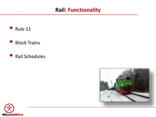 Rail: Functionality


 Rule 11
 Block Trains
 Rail Schedules
 