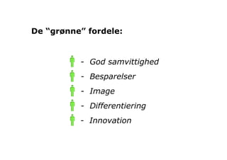 De “grønne” fordele:


          -  God samvittighed
          - Besparelser
          - Image
          - Differentiering
          - Innovation
 