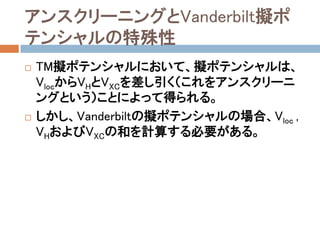 アンスクリーニングとVanderbilt擬ポ
テンシャルの特殊性
 TM擬ポテンシャルにおいて、擬ポテンシャルは、
VlocからVHとVXCを差し引く（これをアンスクリーニン
グという）ことによって得られる。
 しかし、Vanderbiltの擬ポテンシャルの場合、V’loc
VHおよびVXCの和を計算する必要がある。
 