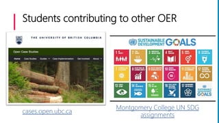 Students contributing to other OER
cases.open.ubc.ca
Montgomery College UN SDG
assignments
 