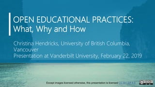 OPEN EDUCATIONAL PRACTICES:
What, Why and How
Christina Hendricks, University of British Columbia,
Vancouver
Presentation at Vanderbilt University, February 22, 2019
Except images licensed otherwise, this presentation is licensed CC BY-SA 4.0
 