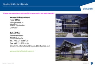 Vanderbilt International
Head Office
Borsigstrasse 34
65205 Wiesbaden
Germany
Sales Office
Siemensallee 84
76187 Karlsruhe
Tel.: +49 721 958 8138
Fax: +49 721 958 8159
Email: info.international@vanderbiltindustries.com
www.vanderbiltindustries.com
Copyright © Vanderbilt 2015 22
Vanderbilt Contact Details
28/05/2015
Choose and customize the address slide for your country and delete the others
 