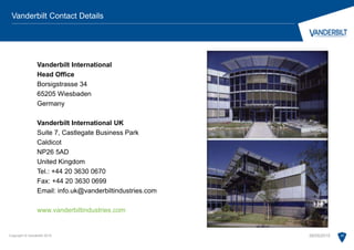 Vanderbilt International
Head Office
Borsigstrasse 34
65205 Wiesbaden
Germany
Vanderbilt International UK
Suite 7, Castlegate Business Park
Caldicot
NP26 5AD
United Kingdom
Tel.: +44 20 3630 0670
Fax: +44 20 3630 0699
Email: info.uk@vanderbiltindustries.com
www.vanderbiltindustries.com
Copyright © Vanderbilt 2015 23
Vanderbilt Contact Details
28/05/2015
 