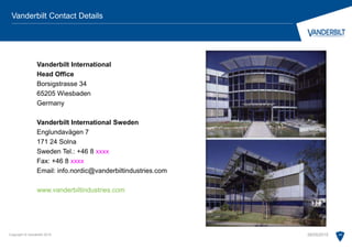 Vanderbilt International
Head Office
Borsigstrasse 34
65205 Wiesbaden
Germany
Vanderbilt International Sweden
Englundavägen 7
171 24 Solna
Sweden Tel.: +46 8 xxxx
Fax: +46 8 xxxx
Email: info.nordic@vanderbiltindustries.com
www.vanderbiltindustries.com
Copyright © Vanderbilt 2015 24
Vanderbilt Contact Details
28/05/2015
 