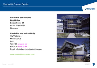 Vanderbilt International
Head Office
Borsigstrasse 34
65205 Wiesbaden
Germany
Vanderbilt International Italy
Via Vipiteno 4
Milano 20128
Italy
Tel.: +39 xx xx xx xx
Fax: +39 xx xx xx xx
Email: info.it@vanderbiltindustries.com
www.vanderbiltindustries.com
Copyright © Vanderbilt 2015 27
Vanderbilt Contact Details
28/05/2015
 