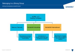 Copyright © Vanderbilt 2015 3
Belonging to a Strong Group
Aiming at developing a powerful brand
ACRE, LLC
Holding Company
Vanderbilt International
Manufacturer of access
control, video surveillance
and intrusion alarm
systems
Vanderbilt Industries
Manufacturer of
access control and video
management software
Mercury Security
Manufacturer of access
control hardware and
control panels
28/05/2015
 