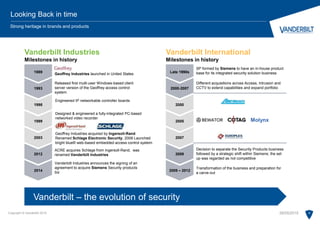 Copyright © Vanderbilt 2015 4
Vanderbilt Industries
Milestones in history
1993
Geoffrey Industries launched in United States
Released first multi-user Windows-based client
server version of the Geoffrey access control
system
1989
1998
1999
2003
2012
ACRE acquires Schlage from Ingersoll-Rand, was
renamed Vanderbilt Industries
2014
Vanderbilt Industries announces the signing of an
agreement to acquire Siemens Security products
biz
Engineered IP networkable controller boards
Designed & engineered a fully-integrated PC-based
networked video recorder
Geoffrey Industries acquired by Ingersoll-Rand
Renamed Schlage Electronic Security, 2008 Launched
bright blue® web-based embedded access control system
Looking Back in time
Strong heritage in brands and products
Vanderbilt International
Milestones in history
2000-2007
Molynx
SP formed by Siemens to have an in-house product
base for its integrated security solution business
Different acquisitions across Access, Intrusion and
CCTV to extend capabilities and expand portfolio
Late 1990s
2000
2005
2007
2009
Decision to separate the Security Products business
followed by a strategic shift within Siemens; the set
up was regarded as not competitive
2009 – 2012
Transformation of the business and preparation for
a carve-out
Vanderbilt – the evolution of security
28/05/2015
 