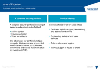 Copyright © Vanderbilt 2015 9
Area of Expertise
A complete security portfolio from a unique supplier
A complete security portfolio consisting of
systems and products in the fields of:
 Access control
 Intrusion detection
 Video surveillance
Our advantage: our portfolio is not just
complete, it is interoperable on a control
level in order to secure our customers'
investments and ensure maximum return
on investment (ROI).
A complete security portfolio
Services offered by all SP sales offices
 Dedicated logistics support, warehousing
and distribution channels
 Engineering, technical and sales
services
 Orders, returns and repairs
 Training support in-house or onsite
Service offering
28/05/2015
 