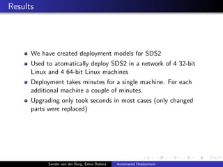 Results
We have created deployment models for SDS2
Used to atomatically deploy SDS2 in a network of 4 32-bit
Linux and 4 6...