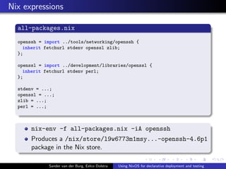 Nix expressions
all-packages.nix
openssh = import ../tools/networking/openssh {
inherit fetchurl stdenv openssl zlib;
};
openssl = import ../development/libraries/openssl {
inherit fetchurl stdenv perl;
};
stdenv = ...;
openssl = ...;
zlib = ...;
perl = ...;
nix-env -f all-packages.nix -iA openssh
Produces a /nix/store/l9w6773m1msy...-openssh-4.6p1
package in the Nix store.
Sander van der Burg, Eelco Dolstra Using NixOS for declarative deployment and testing
 