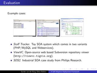 Evaluation
Example cases:
Staﬀ Tracker. Toy SOA system which comes in two variants
(PHP/MySQL and Webservices).
ViewVC. Op...