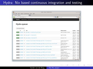 Hydra: Nix based continuous integration and testing
Sander van der Burg The Nix project
 