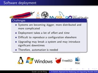 Software deployment
Sander van der Burg A Generic Approach for Deploying and Upgrading Mutable Softwa
Challenges
Systems a...