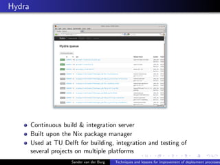 Hydra
Continuous build & integration server
Built upon the Nix package manager
Used at TU Delft for building, integration ...