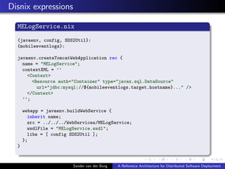 Disnix expressions
MELogService.nix
{javaenv, config, SDS2Util}:
{mobileeventlogs}:
javaenv.createTomcatWebApplication rec...
