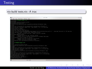 Testing
nix-build tests.nix -A trac
Sander van der Burg A Reference Architecture for Distributed Software Deployment
 