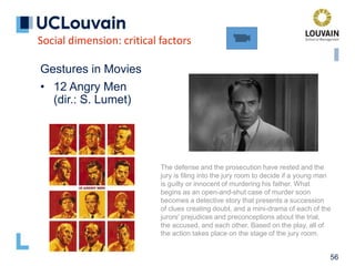 Social dimension: critical factors
56
Gestures in Movies
• 12 Angry Men
(dir.: S. Lumet)
The defense and the prosecution have rested and the
jury is filing into the jury room to decide if a young man
is guilty or innocent of murdering his father. What
begins as an open-and-shut case of murder soon
becomes a detective story that presents a succession
of clues creating doubt, and a mini-drama of each of the
jurors' prejudices and preconceptions about the trial,
the accused, and each other. Based on the play, all of
the action takes place on the stage of the jury room.
 