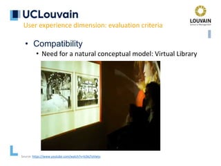 • Compatibility
• Need for a natural conceptual model: Virtual Library
User experience dimension: evaluation criteria
Source: https://www.youtube.com/watch?v=ls5kj7oVwto
 