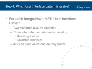 Step 4. Which User Interface pattern is usable?For eachIntegraNova MES User Interface PatternTwoplatforms (iOS vs Android)Threealternate user interfaces based onUsability guidelinesAdaptation techniquesAsk end user which one do theyprefer44