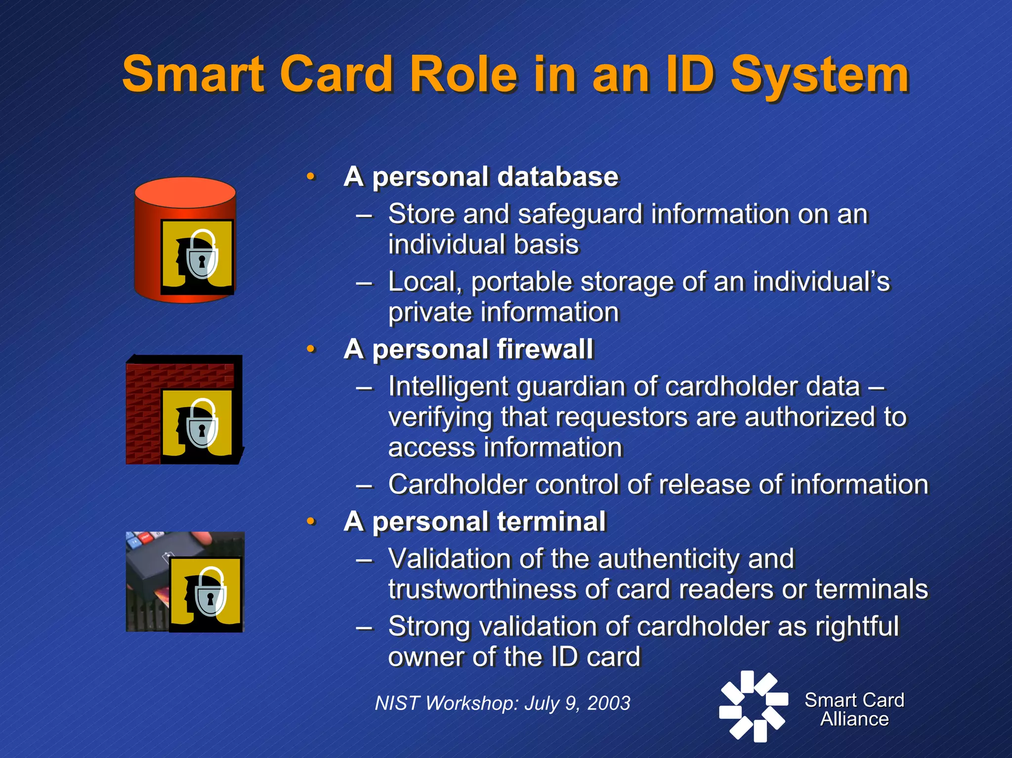 Smart CardSmart Card
AllianceAlliance
NIST Workshop: July 9, 2003
Smart Card Role in an ID SystemSmart Card Role in an ID System
• A personal database
– Store and safeguard information on an
individual basis
– Local, portable storage of an individual’s
private information
• A personal firewall
– Intelligent guardian of cardholder data –
verifying that requestors are authorized to
access information
– Cardholder control of release of information
• A personal terminal
– Validation of the authenticity and
trustworthiness of card readers or terminals
– Strong validation of cardholder as rightful
owner of the ID card
• A personal database
– Store and safeguard information on an
individual basis
– Local, portable storage of an individual’s
private information
• A personal firewall
– Intelligent guardian of cardholder data –
verifying that requestors are authorized to
access information
– Cardholder control of release of information
• A personal terminal
– Validation of the authenticity and
trustworthiness of card readers or terminals
– Strong validation of cardholder as rightful
owner of the ID card
 