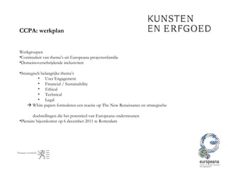 Werkgroepen Continuïteit van thema’s uit Europeana-projectenfamilie Domeinoverschrijdende inclusiviteit Strategisch belangrijke thema’s User Engagement Financial / Sustainability Ethical Technical Legal    White papers formuleren een reactie op The New Renaissance en strategische  doelstellingen die het potentieel van Europeana ondersteunen Plenaire bijeenkomst op 6 december 2011 te Rotterdam CCPA: werkplan 