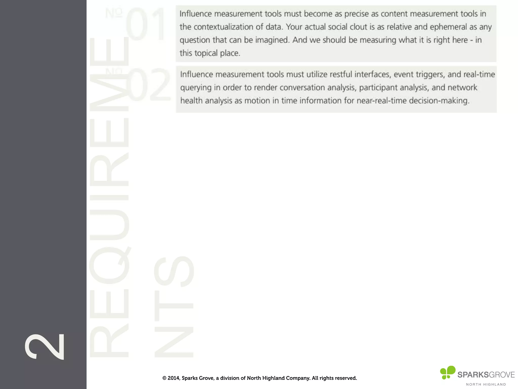 © 2014, Sparks Grove, a division of North Highland Company. All rights reserved.
2REQUIREMENTS
 