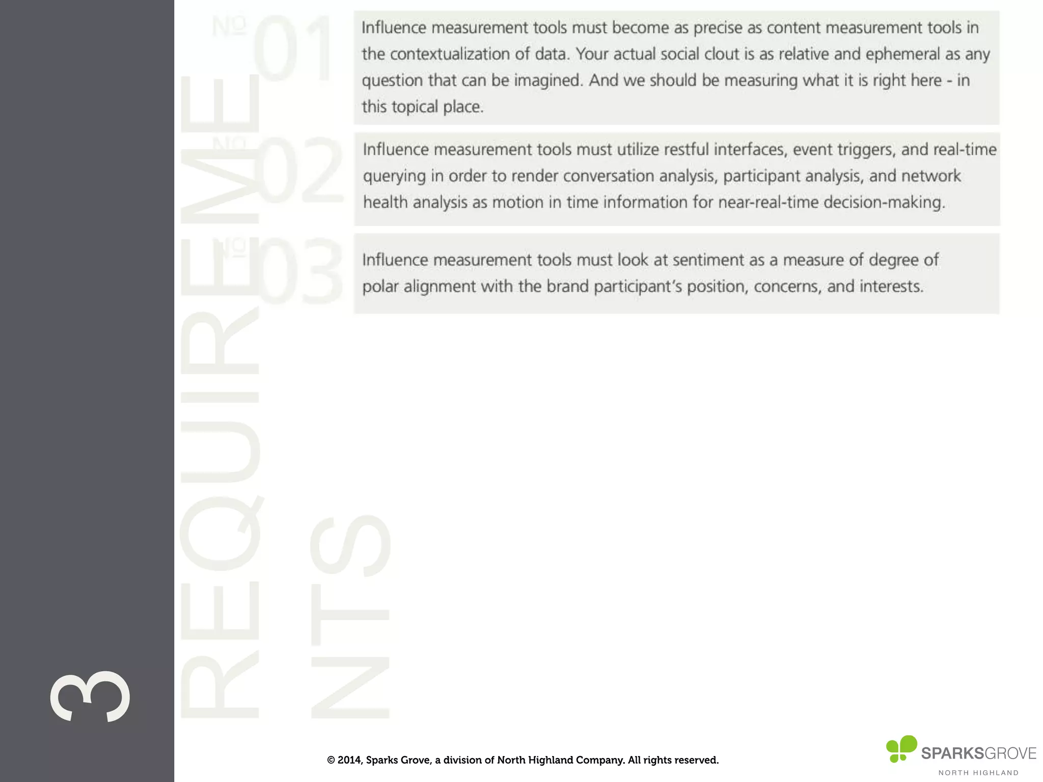 © 2014, Sparks Grove, a division of North Highland Company. All rights reserved.
3REQUIREMENTS
 