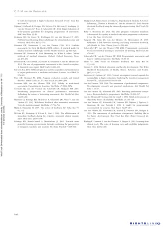 of staff development in higher education: Research review. Educ Res
Rev 8:48–74.
Dijkstra J, Galbraith R, Hodges BD, McAvoy PA, McCrorie P, Southgate LJ,
van der Vleuten CP, Wass V, Schuwirth LW. 2012. Expert validation of
fit-for-purpose guidelines for designing programmes of assessment.
BMC Med Educ 12:20.
Dolmans DH, De Grave W, Wolfhagen IH, van der Vleuten CP. 2005.
Problem-based learning: Future challenges for educational practice and
research. Med Educ 39:732–741.
Driessen EW, Heeneman S, van der Vleuten CPM. 2013. Portfolio
assessment. In: Dent JA, Harden RMM, editors. A practical guide for
medical teachers. Edinburgh: Elsevier Health Sciences. pp 314–323.
Driessen EW, Overeem K. 2013. Mentoring. In: Walsh K, editor. Oxford
textbook of medical education. Oxford: Oxford University Press.
pp 265–284.
Driessen EW, van Tartwijk J, Govaerts M, Teunissen P, van der Vleuten CP.
2012. The use of programmatic assessment in the clinical workplace:
A Maastricht case report. Med Teach 34:226–231.
Ericsson KA. 2004. Deliberate practice and the acquisition and maintenance
of expert performance in medicine and related domains. Acad Med 79:
S70–S81.
Frye AW, Hemmer PA. 2012. Program evaluation models and related
theories: AMEE Guide No. 67. Med Teach 34:e288–e299.
Govaerts MJB, van der Vleuten CPM. 2013. Validity in work-based
assessment: Expanding our horizons. Med Educ 47:1164–1174.
Govaerts MJ, van der Vleuten CP, Schuwirth LW, Muijtjens AM. 2007.
Broadening perspectives on clinical performance assessment:
Rethinking the nature of in-training assessment. Adv Health Sci Educ
12:239–260.
Harrison CJ, Könings KD, Molyneux A, Schuwirth LW, Wass V, van der
Vleuten CP. 2013. Web-based feedback after summative assessment:
How do students engage? Med Educ 47:734–744.
Hattie J, Timperley H. 2007. The power of feedback. Rev Educ Res 77:
81–112.
Hodder RV, Rivington R, Calcutt L, Hart I. 1989. The effectiveness of
immediate feedback during the objective structured clinical examin-
ation. Med Educ 23:184–188.
Könings KD, Brand-Gruwel S, Merriënboer JJ. 2005. Towards more
powerful learning environments through combining the perspectives
of designers, teachers, and students. Br J Educ Psychol 75:645–660.
Muijtjens AM, Timmermans I, Donkers J, Peperkamp R, Medema H, Cohen-
Schotanus J, Thoben A, Wenink AC, van der Vleuten CP. 2010. Flexible
electronic feedback using the virtues of progress testing. Med Teach 32:
491–495.
Ruhe V, Boudreau JD. 2013. The 2011 program evaluation standards:
A framework for quality in medical education programme evaluations.
J Eval Clin Pract 19:925–932.
Sargeant JM, Mann KV, van der Vleuten CP, Metsemakers JF. 2009.
Reflection: A link between receiving and using assessment feedback.
Adv Health Sci Educ: Theory Pract 14:399–410.
Schuwirth LWT, van der Vleuten CPM. 2011. Programmatic assessment:
From assessment of learning to assessment for learning. Med Teach 33:
478–485.
Schuwirth LW, van der Vleuten CP. 2012. Programmatic assessment and
Kane’s validity perspective. Med Educ 46:38–48.
Shute VJ. 2008. Focus on formative feedback. Rev Educ Res 78:
153–189.
Steinert Y. 2014. Medical education and faculty development. The Wiley
Blackwell Encyclopedia of Health, Illness, Behavior, and Society.
pp 1344–1348.
Stephens JC, Graham AC. 2010. Toward an empirical research agenda for
sustainability in higher education: Exploring the transition management
framework. J Cleaner Prod 18:611–618.
van der Vleuten CPM. 1996. The assessment of professional competence:
Developments, research and practical implications. Adv Health Sci
Educ 1:41–67.
van der Vleuten CP, Schuwirth LW. 2005. Assessing professional compe-
tence: From methods to programmes. Med Educ 39:309–317.
van der Vleuten CP, Norman GR, De Graaff E. 1991. Pitfalls in the pursuit of
objectivity: Issues of reliability. Med Educ 25:110–118.
van der Vleuten CP, Schuwirth LW, Driessen EW, Dijkstra J, Tigelaar D,
Baartman LK, van Tartwijk J. 2012. A model for programmatic
assessment fit for purpose. Med Teach 34:205–214.
van der Vleuten CP, Schuwirth LW, Scheele F, Driessen EW, Hodges B.
2010. The assessment of professional competence: Building blocks
for theory development. Best Pract Res Clin Obstet Gynaecol 24:
703–719.
Watling C, Driessen E, van der Vleuten CP, Lingard L. 2012. Learning from
clinical work: The roles of learning cues and credibility judgements.
Med Educ 46:192–200.
C. P. M. van der Vleuten et al.
646
Med
Teach
Downloaded
from
informahealthcare.com
by
University
of
Maastricht
on
08/17/15
For
personal
use
only.
 