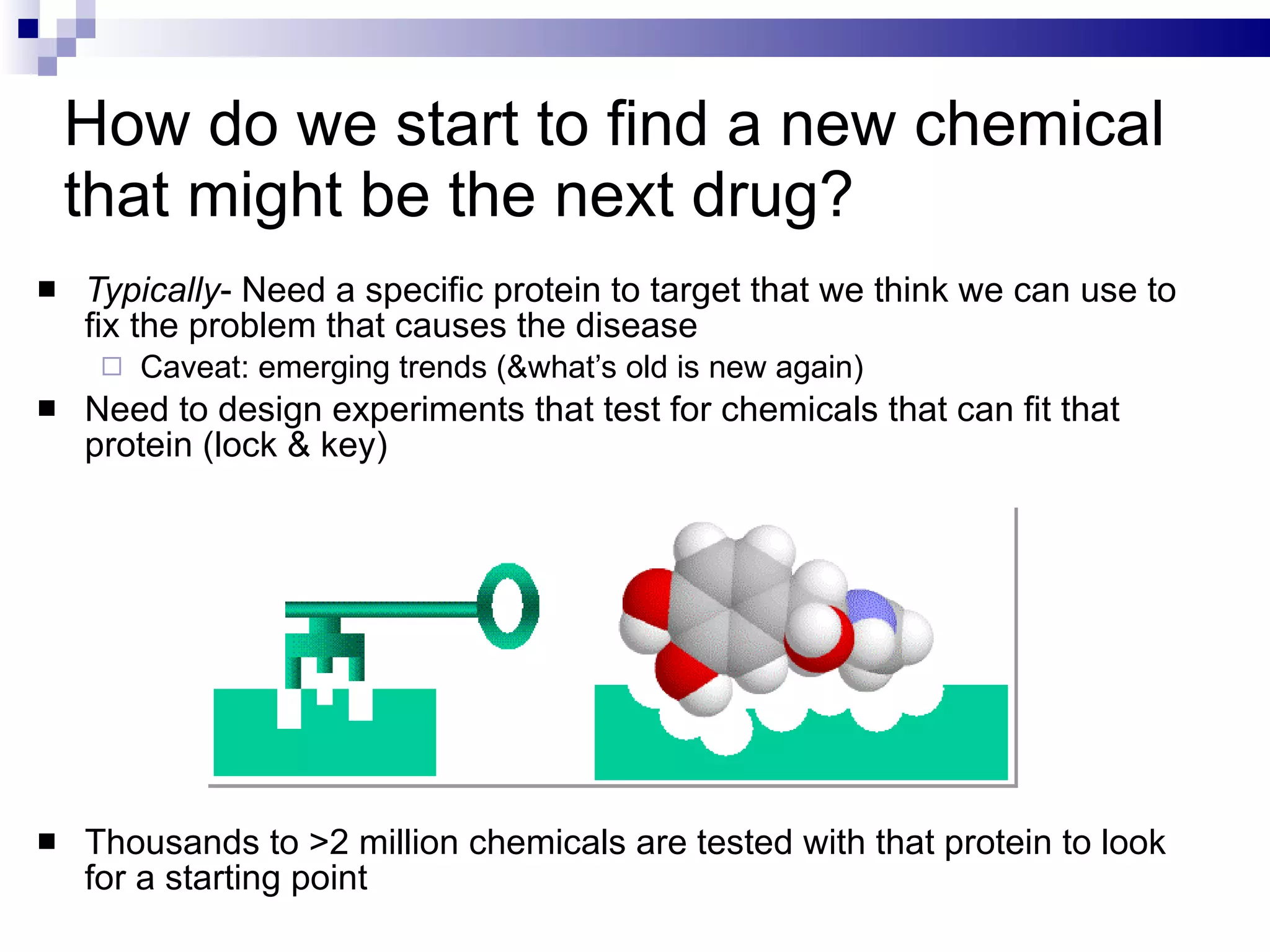 How do we start to find a new chemical that might be the next drug? Typically - Need a specific protein to target that we think we can use to fix the problem that causes the disease Caveat: emerging trends (&what’s old is new again) Need to design experiments that test for chemicals that can fit that protein (lock & key) Thousands to >2 million chemicals are tested with that protein to look for a starting point  