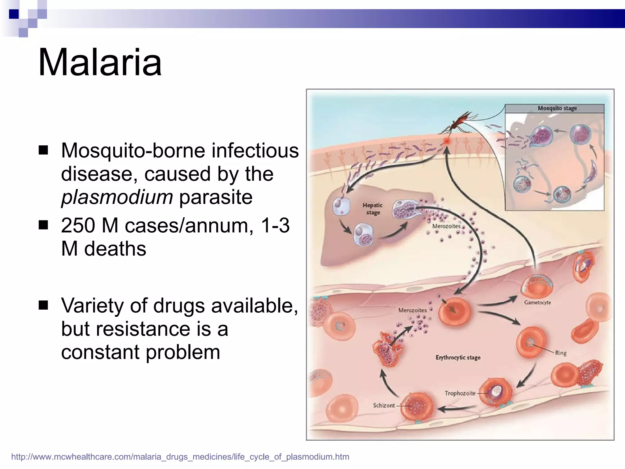 Malaria Mosquito-borne infectious disease, caused by the  plasmodium  parasite 250 M cases/annum, 1-3 M deaths Variety of drugs available, but resistance is a constant problem http://www.mcwhealthcare.com/malaria_drugs_medicines/life_cycle_of_plasmodium.htm   