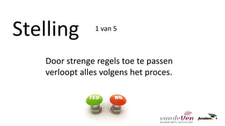 Stelling
Door strenge regels toe te passen
verloopt alles volgens het proces.
1 van 5
 