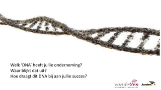 Welk ‘DNA’ heeft jullie onderneming?
Waar blijkt dat uit?
Hoe draagt dit DNA bij aan jullie succes?
 