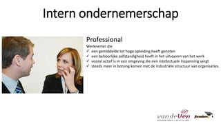 Professional
Werknemer die
✓ een gemiddelde tot hoge opleiding heeft genoten
✓ een behoorlijke zelfstandigheid heeft in het uitvoeren van het werk
✓ vooral actief is in een omgeving die een intellectuele inspanning vergt
✓ steeds meer in botsing komen met de industriële structuur van organisaties.
Intern ondernemerschap
 