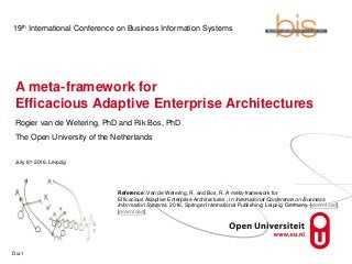 A meta-framework for
Efficacious Adaptive Enterprise Architectures
Rogier van de Wetering, PhD and Rik Bos, PhD
The Open University of the Netherlands
Dia 1
19th International Conference on Business Information Systems
July 8th 2016, Leipzig
Reference: Van de Wetering, R. and Bos, R. A meta-framework for
Efficacious Adaptive Enterprise Architectures , in International Conference on Business
Information Systems. 2016, Springer International Publishing: Leipzig, Germany. [download]
[download]
 
