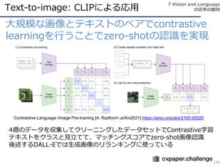 Text-to-image: CLIPによる応用
156
大規模な画像とテキストのペアでcontrastive
learningを行うことでzero-shotの認識を実現
7 Vision and Language
の近年の動向
Contras...