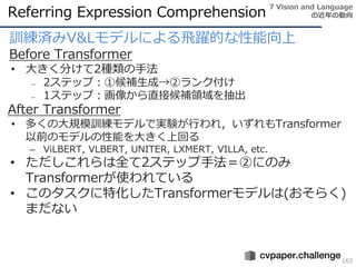 Referring Expression Comprehension
165
訓練済みV&Lモデルによる飛躍的な性能向上
Before Transformer
• 大きく分けて2種類の手法
– 2ステップ：①候補生成→②ランク付け
– 1ステップ：画像から直接候補領域を抽出
After Transformer
• 多くの大規模訓練モデルで実験が行われ，いずれもTransformer
以前のモデルの性能を大きく上回る
– ViLBERT, VLBERT, UNITER, LXMERT, VILLA, etc.
• ただしこれらは全て2ステップ手法＝②にのみ
Transformerが使われている
• このタスクに特化したTransformerモデルは(おそらく)
まだない
7 Vision and Language
の近年の動向
 
