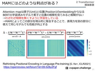 MAMにはどのような利点がある？
27
2 Transformer
解体新書
Rethinking Positional Encoding in Language Pre-training [G. Ke+, ICLR2021]
https://openreview.net/forum?id=09-528y2Fgf
Attention mapは素子(Unit)と位置(Position)のembeddingからなる
BERTの学習済みモデルで素子と位置の相関を見てみると相関がない
→わざわざ相関を無くすように学習をしている
→MAMによってこの部分を明示的に除去することで、表現力を別の部分に
使えて同じモデルでも性能が向上する
 